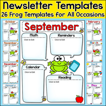 Preview of Newsletter Template Editable for Any Language - Frog Theme Classroom