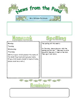 Preview of Frog Themed Classroom Newsletter