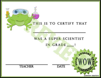 Preview of Frog Themed Super Scientist Certificate