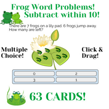 Preview of Frog Word Problems, Subtraction 0-10: BOOM CARDS! Spring 63 Cards! Click & Drag!