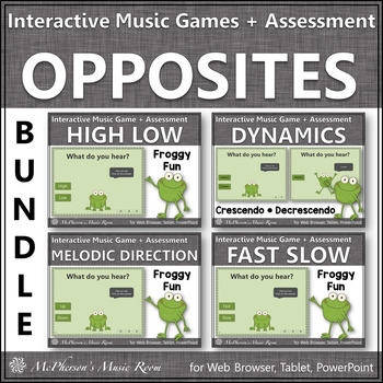 Preview of Music Opposites Interactive Music Games + Assessments Bundle {Froggy Fun}