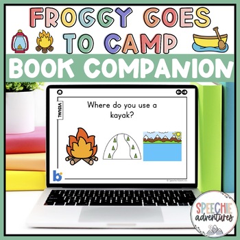 Preview of Froggy Goes to Camp Summer Book Companion Boom Cards for Speech Language Therapy