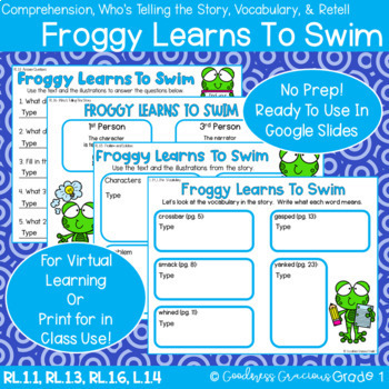 Preview of Froggy Learns To Swim Story Elements, Comp, Who's Telling The Story & Vocabulary