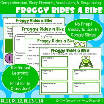 Preview of Froggy Rides A Bike Story Elements, Comprehension, Vocabulary, & Sequencing