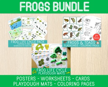 Preview of Frogs & Toads, Life Cycle of a Frog, Biology, Worksheets, Cards, Playdough Mats