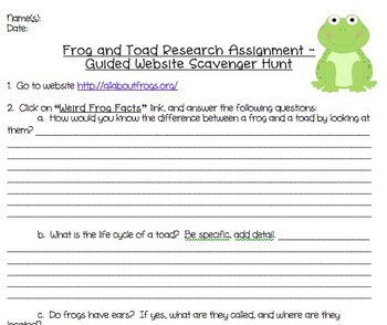 Preview of Frogs and Toads Guided Webquest Scavenger Hunt + Lesson Plan