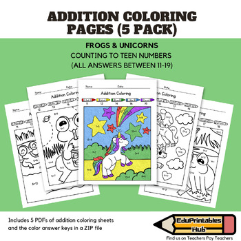 Preview of Frogs and Unicorns Color by Code: Counting to 11-19 (5 Worksheets & Answer Keys)