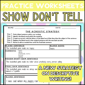 Preview of Show Don't Tell Writing: From Bland to Bam Acrostic Strategy Practice Printables