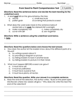 From Seed to Plant Journeys Reading Comprehension Test by Kimberly's Korner