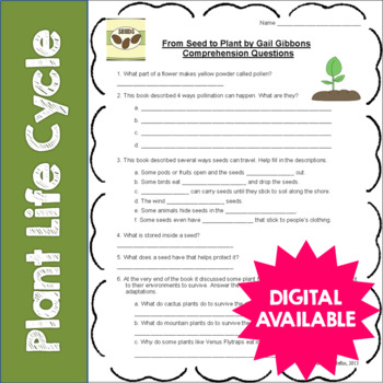 Preview of From Seed to Plant by Gail Gibbons Questions, Cloze, and Sequence- DIGITAL TOO