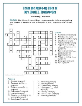 From the Mixed Up Files of Mrs Basil E Frankweiler: Vocab Crossword