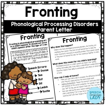 Preview of Fronting | Parent or Teacher Letter for Phonological Processing Disorders