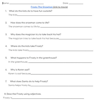 Preview of Frosty the Snowman Movie Comprehension Questions