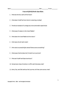 Frozen 2 Movie Questions With Answers Movie Guide Worksheet Frozen Ii 2019