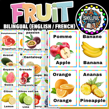 Preview of Fruit Bilingual (English / French) Flash Cards | Fruit Color Posters with Real