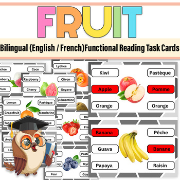 Preview of Fruit Bilingual (English / French)Functional Reading Task Cards | Fruit Photo