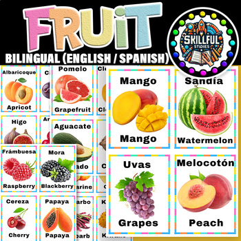 Preview of Fruit Bilingual (English / Spanish) Flash Cards | Fruit Color Posters with Real