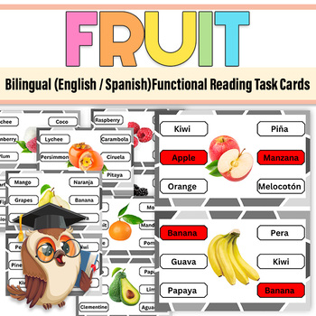 Preview of Fruit Bilingual (English / Spanish)Functional Reading Task Cards | Fruit Photo