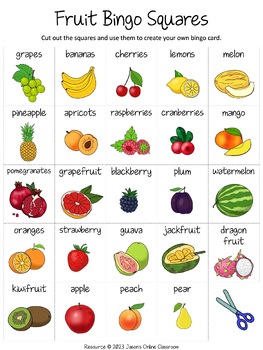 Fruit Bingo Game | Cut & Paste Printable Bingo by Jason's Online Classroom