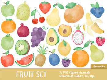 Preview of Fruit Clipart Set with Watercolor texture - mango, image, printable, avocado