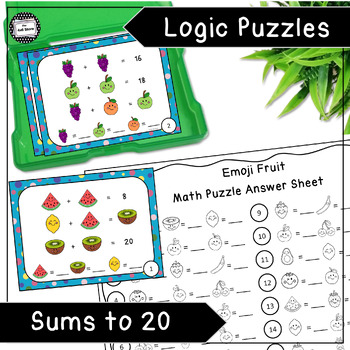 Preview of Fruit Emoji Logic Puzzle Enrichment Activity Task Cards Addition Sums to 20