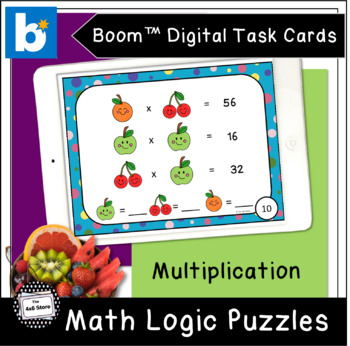 Preview of Fruit Emoji Math Logic Puzzles Multiplication Digital Task Cards Boom Learning