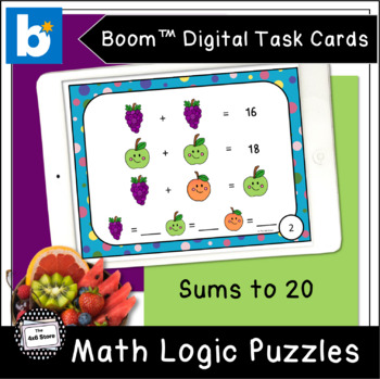 Preview of Fruit Emojis Math Logic Puzzles Sums to 20 Digital Task Cards Boom Learning