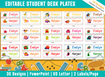 Preview of Fruit Superhero Student Desk Plates: 30 Editable Designs with PowerPoint