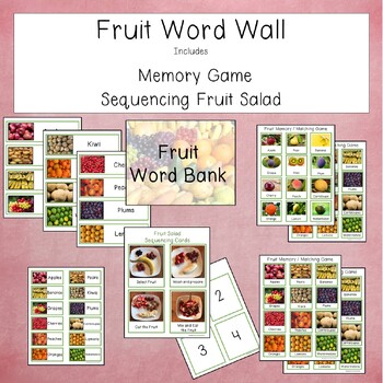 Preview of Fruit Theme Vocabulary Word Wall, Matching game, Sequencing Fruit Salad