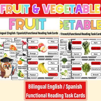 Preview of Fruit & Vegetable Bilingual (English / Spanish) Functional Reading Task Cards