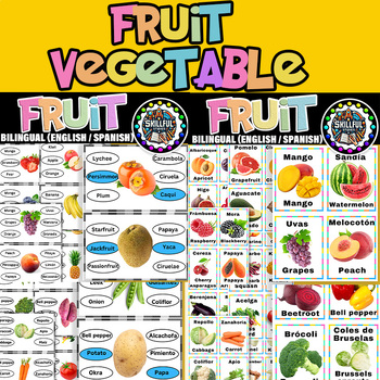Preview of Fruit & Vegetable Bilingual (English / Spanish) Task Cards &  Flashcards