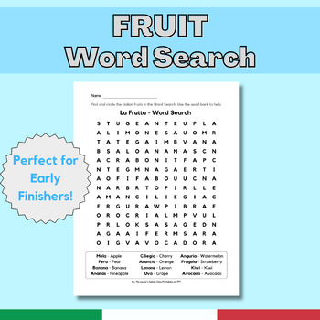 Preview of Fruit Word Search- Italian La Frutta - Extra Practice on Food/Cibo