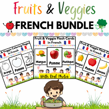 Preview of Fruit and Vegetable Flash Cards & Coloring Pages FRENCH BUNDLE - 60 Printables