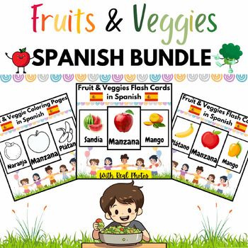 Preview of Fruit and Vegetable Flash Cards & Coloring Pages SPANISH BUNDLE - 60 Printables