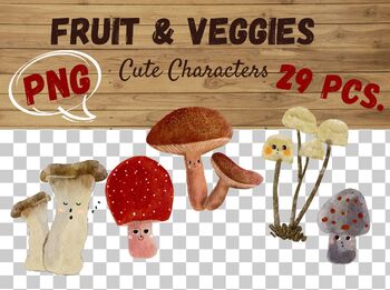 Preview of Fruit and veggie PNG  Watercolor cute character, 300 DPI, transparent 30pcs.