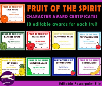 Preview of Fruit of The Spirit Character Award Certificates - 90 Editable Certificates