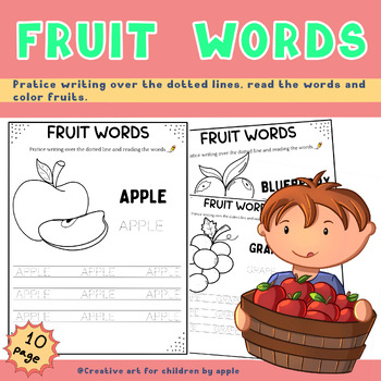 Preview of Fruit words and writing along dotted lines with coloring.