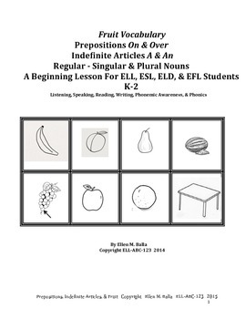 Preview of Fruit–Prepositions & Singular/Plural Nouns For Emerging ELL, ESL, & ELD Students