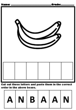 Preview of Fruits And Vegetables, Cut and Paste Activity, Food Kindergarten Build A Word HW