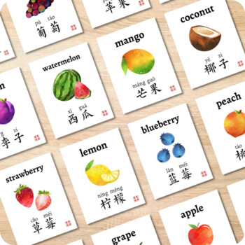 Preview of Fruits Food Chinese Flashcards Bilingual Printable Mandarin Cards Word Wall