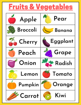 fruits and vegetables list for kids