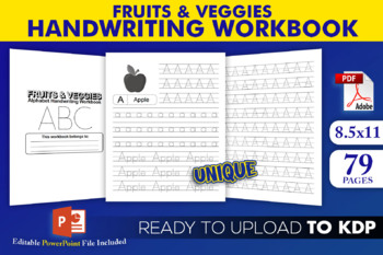 Preview of Fruits & Veggies Alphabet Handwriting Workbook | KDP Interior Template