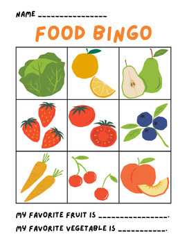 Preview of Fruits and Vegetables Picture Bingo PDF - 20 Copies - FREE