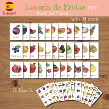 Preview of Frutas BINGO (Lotería) Watercolor painted, 33 Cards, 24 boards SPANISH Learning