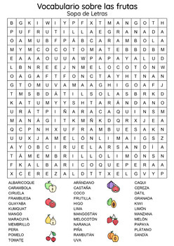 Frutas: Flash cards, Word search, Crossword and Word Wall