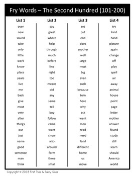 Second Hundred List 1 25 laminated Fry high frequency sight word flash cards P 