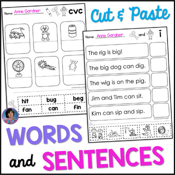 Preview of Reading CVC Words & Simple Sentences: Picture Matches and Cut & Paste Worksheets