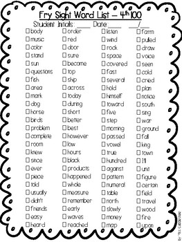 Fry Sight Word Lists - 4th 100 words by New Hampshire Learning Corner