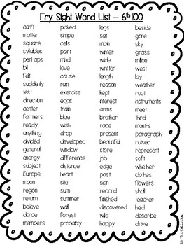 Fry Sight Word Lists - 6th 100 words by New Hampshire Learning Corner