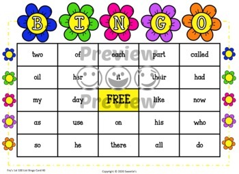 Fry Sight Words 1st 100 List Bingo Spring Flowers by Sweetie's | TPT